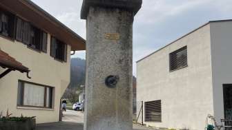 Brunnen mit Güggel-Skulptur