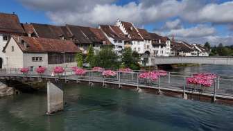 blick auf die historische bruecke mit blumenschmuck und die altstadthaeuser am flussufer