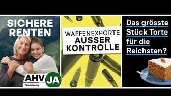 Infoabend Finanzierung 13. AHV-Rente, Kriegsmaterialgesetz, Aargauer Steuergesetz