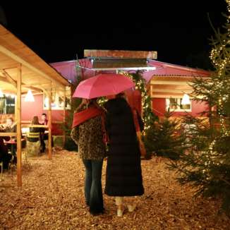 Festlich beleuchteter Humbel Winterzauber am Bahnhofsplatz Baden mit Tannenbäumen, Gästen und gemütlichem Aussenbereich.