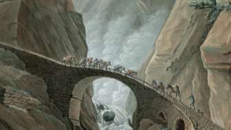 Charles-Melchior Descourtis, Victori Pacifico (Teufelsbrücke), 1788<br>Farbaquatinte von Charles-Melchior Descourtis nach einem Gemälde von Caspar Wolf<br>No. 24 in «Vues remarquables des montagnes de la Suisse», Amsterdam 1784–1795