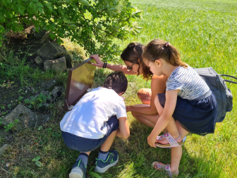 Eine Mutter und zwei Kinder knien im Gras bei einem Steinhaufen und schauen gemeinsam in eine kleine Kiste, die versteckt zwischen Sträuchern liegt.