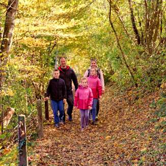 Familie wandert durch den herbstlichen Wald