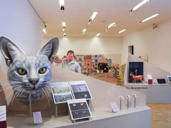 Ausstellung im Naturama mit einem grossen Katzenkopf und interaktiven Exponaten zu den besonderen Fähigkeiten von Katzen