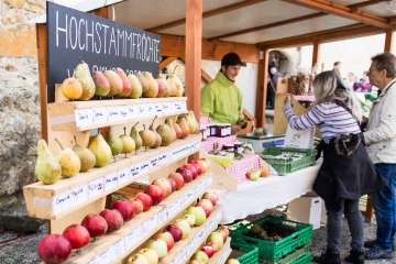Marktstand mit verschiedenen regionalen Apfel- und Birnensorten aus Hochstammanbau auf beschrifteten Holzregalen.