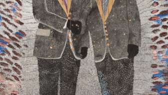 Omar Ba, «Astuce des vainqueurs», 2022<br>Acryl, Bleistift, Öl, Tusche und Kugelschreiber auf Leinwand, 244 × 200 cm<br>Mit Genehmigung des Künstlers und von Templon, Paris – Brüssel – New York<br>© Omar Ba<br>Foto: Bertrand Huet-Tutti