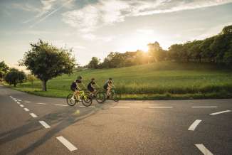 Schweiz. ganz natuerlich.                                     Bikergruppe auf dem Weg zum Schloss Wildegg.