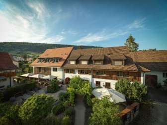 Die Aufnahme zeigt die wunderschoene Aussenansicht des Hirschen – Wein- und Geniesserhotels in Erlinsbach. Das historische Gebäude mit seinen charakteristischen Dachformen ist von einer grünen Gartenanlage umgeben. Grosszügige Terrassenbereiche mit Sonnenschirmen laden Gaeste zum entspannten Verweilen ein. Im Hintergrund erstreckt sich die sanfte Hügellandschaft rund um Erlinsbach.